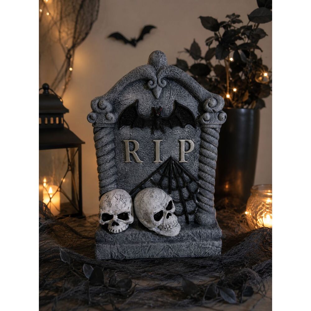 Large Halloween RIP Tombstone Decor Light-Up Skull Eyes Bat Spider Web Prop